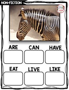 an animal fact sheet with pictures of zebras and words that read, are can have eat live like animals