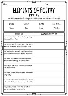 the elements of poetry worksheet for students to practice their writing and listening skills