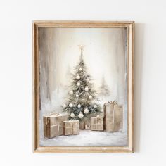 a painting of a christmas tree with presents in front of it and a white background