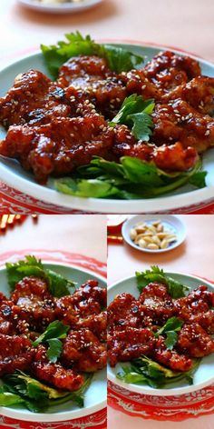 two plates filled with meat and greens on top of a red tablecloth covered table