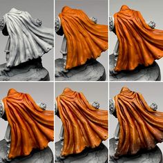 four different views of an orange and white cloak on a black base with silver accents