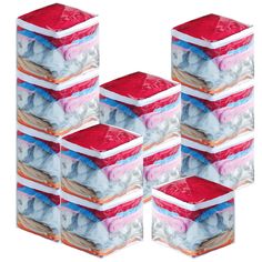 four stacks of red and blue tissue paper stacked on top of each other in front of a white background