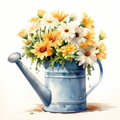 a blue watering can filled with yellow and white flowers