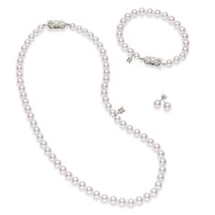 Mikimoto has set the style standard since 1893, when their founder Kokichi Mikimoto successfully created the world's first cultured pearls. Since then, Mikimoto has become synonymous with luxury, harnessing the allure of pearls into inimitable expressions of beauty for over 130 years. This set includes a 18 inch necklace and bracelet featuring 6-7mm Akoya cultured pearls along with matching 7mm stud earrings set in 18K white gold. Luxury Pearl-embellished Jewelry For Anniversary, Luxury Pearl Embellished Jewelry For Anniversary, Luxury Pearl Drop Bracelet For Formal Occasions, Classic Pearl Bracelet With Pendant For Formal Occasions, Timeless White Gold Pearl Bracelet For Wedding, Luxury Round Bead Pearl Necklace For Wedding, Classic Pearl Bracelet With Pearl Pendant For Weddings, Elegant Pearl Bracelet For Formal Occasions, Classic Wedding Pearl Bracelet With Pendant