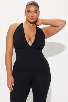 Available In Black And Emerald. Active Jumpsuit Deep V Neck Sleeveless Super Soft Ruched Open Back Stretch Body: 77% Polyester 23% Spandex Inner Mesh: 82% Nylon 18% Spandex Imported | Last Flow Super Soft Active Jumpsuit in Black size Medium by Fashion Nova Casual Black Jumpsuit With Built-in Bra, Black Sleeveless Sporty Jumpsuit/romper, Chic Black Non-stretch Jumpsuit/romper, Fitted V-neck Jumpsuits And Rompers By Forever 21, Fashion Nova Jumpsuits & Rompers, Back Stretches, Black Jumpsuit, New Black, Fashion Nova