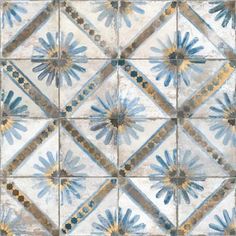 an artistic tile design with blue and yellow flowers in the center, on a white background