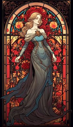 a stained glass window with a woman in blue dress standing next to red rose flowers