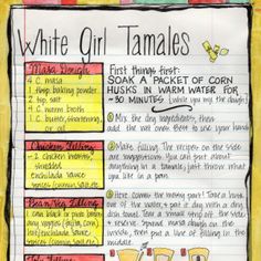 a paper with some writing on it that says, white girl tamales first thing first soak a packet of corn