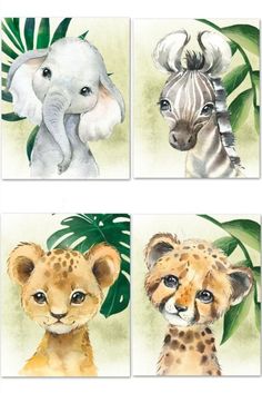 four pictures of different animals with leaves in the background, including an elephant, giraffe, and zebra