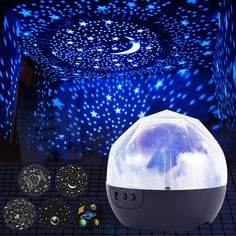 an image of a room with stars and moon lights on the ceiling, including a projector