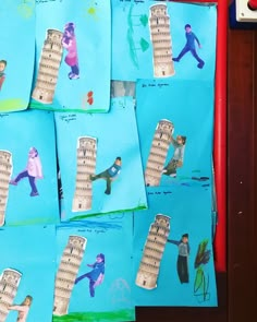 children's artwork depicting the leaning tower of pisa with pictures of people on it