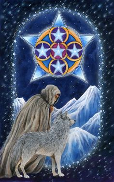 two wolfs standing next to each other in front of a star and snow covered mountain