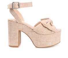 These platforms just might become the only shoe you wear this summer. The Zenni by Journee Collection boasts a comfortable fit with breezy linen uppers lined with a 4 mm Tru Comfort Foam™ footbed. A platform heel gives you a dramatic lift, and a bow accent tops the design. Breezy Linen upper, Big bow detail on vamp strap, Ankle strap with adjustable buckle closure, Approx. 4.5\ linen wrapped platform / block heel, Open / round toe, Tru Comfort Foam™ footbed, Man-made outsole | Women's Journee Co Platformed Heels, Island Fashion, Platform Block Heels, Only Shoes, Platform Heel, Shoes Heels Pumps, Journee Collection, Dress Sandals, Block Heels Sandal