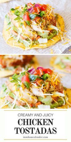 chicken tostadas are topped with cheese, lettuce and other toppings