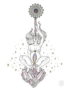 a drawing of a woman sitting on top of a flower and holding a crystal ball