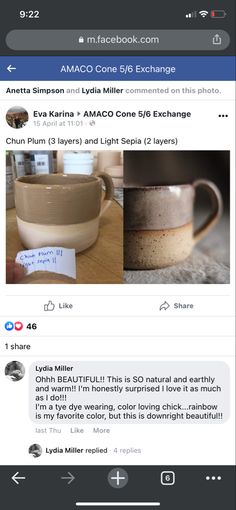 the facebook page has two pictures of coffee cups and saucers on it, one is empty