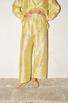 Lemon Butter Dupion Judo Pants Silk Pants With Elastic Waistband For Spring, Silk Bottoms With Elastic Waistband And Straight Leg, Silk Wide Leg Bottoms With Relaxed Fit, Summer Silk Straight Leg Bottoms, Silk Trousers For Summer, Spring Silk Straight Leg Pants, Silk Loungewear Pants For Spring, Summer Silk Pants With Elastic Waistband, Summer Silk Long Pants