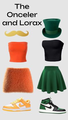 four different types of clothing and hats with the words, the oncler and lorax