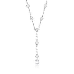 Ross-Simons - 2.70 ct. t. w. Cubic Zirconia Y-Necklace in Sterling Silver. 16". A classic look with a modern twist. With a stylish silhouette, our Y-necklace positions a trail of 1.70 ct. t. w. round brilliant-cut bezel-set CZ stations along a dangling sterling silver cable chain with a 1.00 carat pear-shaped CZ at the end. Includes a 2" extender. Springring clasp, CZ Y-necklace. CZ weights are diamond equivalents. Classic Lariat Necklace With Brilliant Cut, Classic Vvs Clarity Drop Necklaces, Jewelry Presentation, 16 Inch Necklace, Fine Jewelery, Zirconia Necklace, Cubic Zirconia Necklace, Classic Necklace, Cz Jewelry