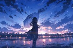 a woman standing in the rain holding an umbrella over her head and looking at the sky