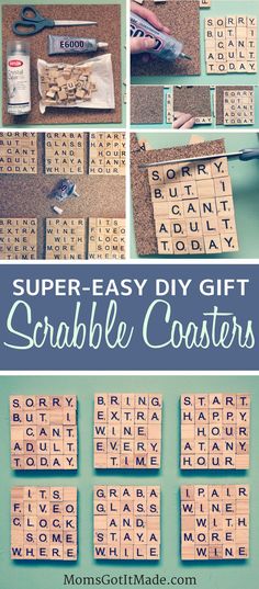 scrabble coasters with words that spell out the word super - easy diy gift