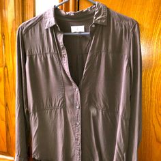 Olive/ Gray Super Soft Shirt Never Worn Silky Excellent Condition Rayon Button-up Top With Buttons, Rayon Button-up Tops For Workwear, Casual Collared Blouse For Layering, Button-up Blouse For Layering, Casual Rayon Blouse For Layering, Fall Rayon Tops With Buttons, Rayon Button-up Tops For Daywear, Button-up Rayon Shirt With Button Closure, Button-up Rayon Tops For Daywear