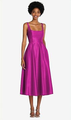 Square Neck Full Skirt Satin Midi Bridesmaid Dress With Pockets In American Beauty | The Dessy Group Midi Bridesmaid Dress, Skirt Satin, Midi Dress With Pockets, Infinity Dress, Dress Order, Full Circle Skirts, Dreamy Dress, Satin Midi Dress, Dress Measurements