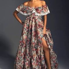 Gorgeous Floral Off The Shoulder Gown With Dramatic Ruffle Skirt And Lace Trim Selkie Dresses, Moonlight Dress, Floral Maxi Dresses, Puff Dress, Pink Gowns, Bustier Dress, Gala Dresses, Puffed Sleeves Dress, Ruffle Skirt