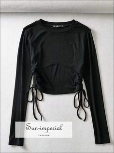 Women Black Ribbed Fitted Corset detail Long Sleeve Drawstring T-shirt Ruched side Crop top Basic style Black Long Sleeve Top With Drawstring, Black Drawstring Tops For Summer, Casual Black Top With Drawstring, Full Sleeve Crop Top, Imperial Fashion, Full Sleeve Top, Table S, Jersey Pattern, Solid Clothes