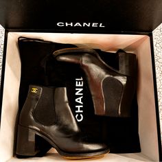 Beautiful Chanel Short Boots In Size 35.5. True To Size. Chunky Heel, Perfect For Everyday For A Girl On The Go. I Had Them Resoled Before I Even Wore Them To Preserve The Boot For Years To Come. I Would Never Part With Them But They No Longer Fit After Having My Babies. Luxury Boots With Leather Sole And Block Heel, Designer Closed Toe Work Boots, Luxury Ankle Boots With Leather Sole, Luxury Leather Ankle-high Heels, Luxury Ankle-high Leather Heels, Luxury Boots With Padded Heel Medium Width, Designer Round Toe Heels For Workwear, Designer Boots With Reinforced Heel And Medium Fit, Luxury Boots With Almond Toe And Contrasting Heel