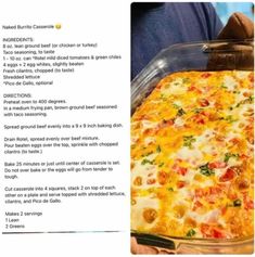 a person holding a glass casserole dish with cheese and vegetables on it, in front of an article describing the recipe