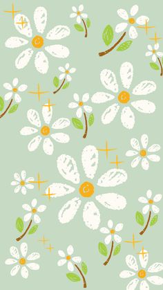 a green background with white flowers and orange crosses on the bottom right corner, in front of a light blue background