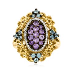 Ross-Simons - .70ct t. w. Amethyst, .40ct t. w. Sky Blue Topaz Ring, Diamond Accents Over Sterling. Size 8. Vibrant berry hues. Our elegantly styled ring sparkles with .70 ct. t. w. amethyst and .40 ct. t. w. sky blue topaz rounds. Finely crafted in polished 18kt yellow gold over sterling silver with sparkling diamond accents and milgrain details. Black rhodium. 1" wide. Sky blue topaz and amethyst ring. Amethyst birthstones are the perfect gift for February birthdays. Elegant Multi-stone Amethyst Ring In Yellow Gold, Yellow Gold Rings With Blue Topaz And 17 Jewels, Fine Jewelry Purple Diamond Ring With Gemstone Accents, Purple Diamond Ring With Gemstone Accents, Exquisite Yellow Gold Amethyst Ring With Accent Stones, Luxury Multi-stone Amethyst Jewelry, Luxury Amethyst Multi-stone Jewelry, Luxury Multi-stone Round Cut Jewelry, Luxury Tanzanite Jewelry With Gemstone Accents