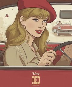 a woman in a red hat driving a car