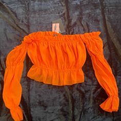 Brand New W/Tags Chic Cropped Orange Top, Summer Tops With Ruffles For Night Out, Summer Ruffle Tops For Night Out, Summer Ruffled Tops For Night Out, Summer Long Sleeve Party Tops, Orange Crop Top For Day Out, Fitted Orange Tops With Ruffles, Orange Summer Top With Ruffles, Summer Orange Top With Ruffles