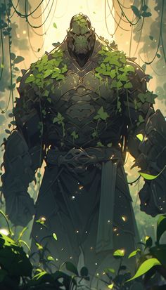 an illustration of a giant man surrounded by leaves and vines in the forest with his hands on his hips