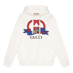 (WMNS) Gucci Interlocking G 1921 Print Sweatshirt 'White' 717427-XJFNI-9095 Colourful Logo, Gucci Hoodie, Printed Drawstring, Cotton Logo, Print Sweatshirt, Drawstring Hoodie, Cotton Hoodie, Stylish Sneakers, White Hoodie