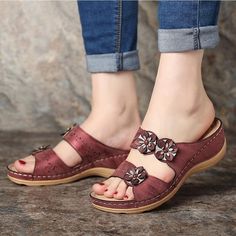 Summer Breathable Women Premium Orthopedic Open Toe Sandals Ladies Buckle Strap Vintage Anti-Slip Slippers Female Shoes, Red / US8.5/EU40 Flower Slippers, Casual Wedges, Vintage Sandals, Female Shoes, Paris Design, Beach Slippers, Women Sandals