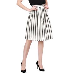 Infuse your wardrobe with classy, striking style with this midi skirt! You will love the stunning stripes that create a bold and beautiful silhouette, while it elevates a versatile a-line skirt with a button front and ruched detail for a flattering finish. This classic black and white swing skirt features a slightly gathered waistline for the perfect fullness. Stretch back waist for ultimate comfort and flexibility in size. Button down front for that retro touch. Elegant Striped Relaxed Skirt, Black Skirt With White Stripes, Elegant Striped Midi Skirt, Black Pin Stripe Midi Skirt, Striped Relaxed Knee-length Skirt, Picnic Skirt, Midi Skirt White, Midi Skirt With Pockets, Stretch Back