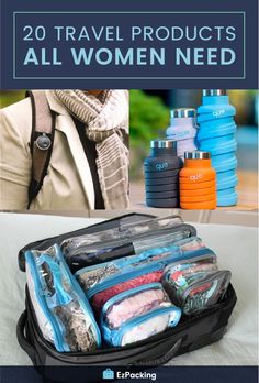 an open suitcase with the words 20 travel products all women need