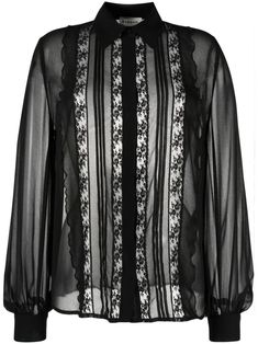 black semi-sheer construction floral-lace detailing classic collar concealed front button fastening long puff sleeves buttoned cuffs straight hem Black Lace Button Up Shirt, Black Long Sleeve Blouse With Lace Trim, Lace Button-up Blouse With Lace Cuffs, Feminine Black Lace Trim Blouse, Luxury Black Lace Top With Scalloped Details, Sheer Shirt, Long Puff Sleeves, Lace Blouse, Lace Sleeves