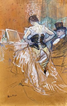 a drawing of a woman in a dress and top hat standing next to a man