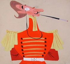 a painting of a man in an orange uniform with a pipe sticking out of his mouth