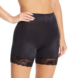 These microfiber slip shorts give you great coverage for an amazing fit. Pretty lace trim along the leg openings adds a feminine touch. Made of knit polyamide (nylon) and spandex. Encased elastic waistband keeps fit in place. Center seams provide a natural fit. Slip shorts have fitted styling. Anti-static knit will not cling to your clothes. Microfiber body provides silky-soft comfort. Leg hems have scalloped lace trim. Allergy Alert: Rubber is a possible exposure to latex. Ilusion Women's 12 In Black Stretch Shorts With Lace Trim, Black Lace Trim Short Bottoms, Black Short Bottoms With Lace Trim, Elegant Stretch Shorts, Black Bottoms With Lace Trim, Stretch Lace Trim Shorts, Stretch Shorts With Lace Trim, Fitted Shorts With Lace Trim, Stretch Lace Trim Mid-thigh Bottoms