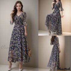 Olivia Mark - Stylish Floral Print Chiffon Maxi Dress with Bell Sleeves Floral Print Chiffon Maxi Dress, Elegant Vintage Dresses, Cape Blouse, Print Chiffon Maxi Dress, Dress With Bell Sleeves, Floral Print Chiffon, Chiffon Maxi, Chiffon Maxi Dress, Bell Sleeve Dress