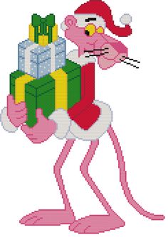 a pink cartoon character carrying presents on his back and wearing a santa claus hat,