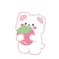 a white teddy bear holding a pink cupcake with green leaves on it's nose