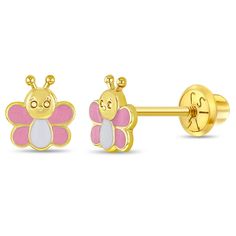 A beautiful pair of unique butterfly earrings that was specially crafted with your little girls style and comfort in mind. Made from 14k yellow gold and with sweet pink and white enamel details, this delicate pair of earrings are ideal for a toddler girl. These screw back earrings for toddlers make a thoughtful gift for birthdays or any other special occasion. These earrings also features safety screw backs, making them suitable for children with sensitive skin. Gift box included. Cute Butterfly Gold Earrings, Playful Gold Earrings As A Gift, Playful Gold Earrings For Gift, Playful Gold Hypoallergenic Earrings, Playful Adjustable Gold Earrings, Playful Hypoallergenic Gold Earrings, Cute Gold Butterfly Earrings, Teen Necklaces, Teen Earrings