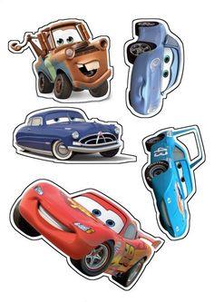 the cars from disney pixars are shown in four different shapes and sizes, each with