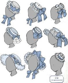 various hats with bows and ribbons on the top one is blue, while the other has white